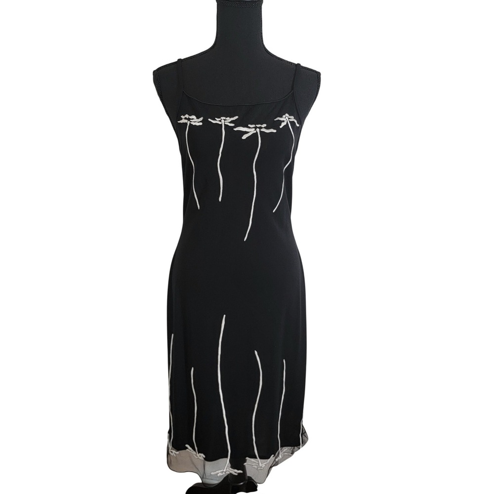 Cache Vintage Black Slip Dress Floral Embroidery Mesh Trim Midi Sz 6 Whimsygoth